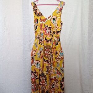 LOFT Gold Floral Print Sleeveless Maxi Dress, Cut Out Back, Ruffled Hem 8, NWOT